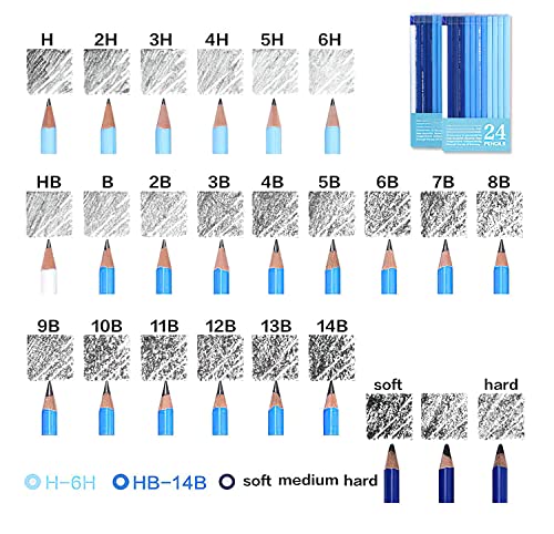 YYMIYU 24 Drawing Pencils Set, Art Sketching Pencils Charcoal Set 14B,12B,11B,10B,9B,8B,7B,6B,5B,4B,3B,2B,B,HB,H,2H,3H,4H,5H,6H,& Soft Neutral Hard Charcoal Pencils - style: 24 Drawing Pencils Set
