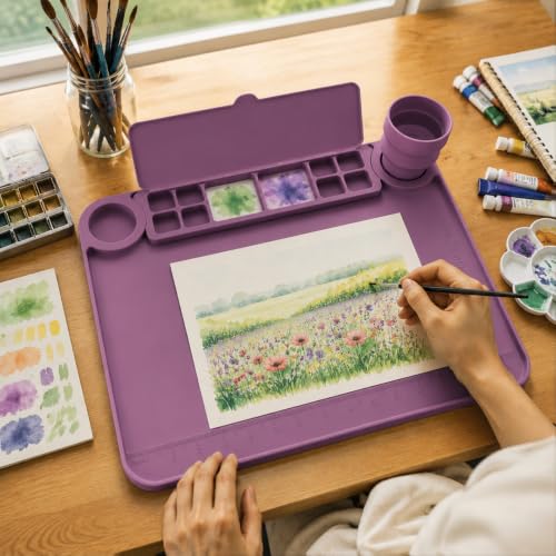 Svartur Silicone Painting Mat with Cup and Palette Detachable, 17"X13" Thick Silicone Craft Mat with Raised Edge for Artist, Painting Station Creator Mat, Purple - color: Purple