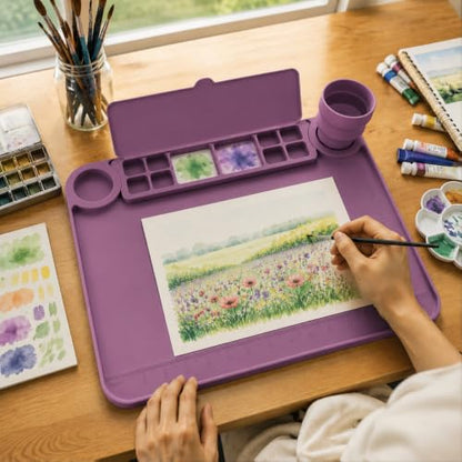 Svartur Silicone Painting Mat with Cup and Palette Detachable, 17"X13" Thick Silicone Craft Mat with Raised Edge for Artist, Painting Station Creator Mat, Purple - color: Purple
