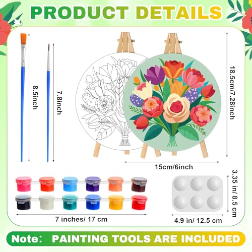 Supervitae 72 Piece Spring Floral 5.9" Round Pre Drawn Canvas Kit Spring Paint and Sip Kit with Pictures Paints Easels Brushes for Kids Adults DIY Painting Holiday Easter Party Gifts - size: 5.9", style: Flower