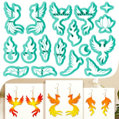 17Pcs Phoenix Polymer Clay Cutters Flame Feather Polymer Cutter for Clay Earrings Making Festival Jewelry DIY - color: Phoenix