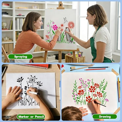 12 Pcs Large Wildflower Stencils, Reusable Floral Tempate for DIY Furniture Decor, Wild Flower Stencil for Painting on Wood DIY Crafts Canvas Wall Fabric(Wildflower) - style: Wildflower