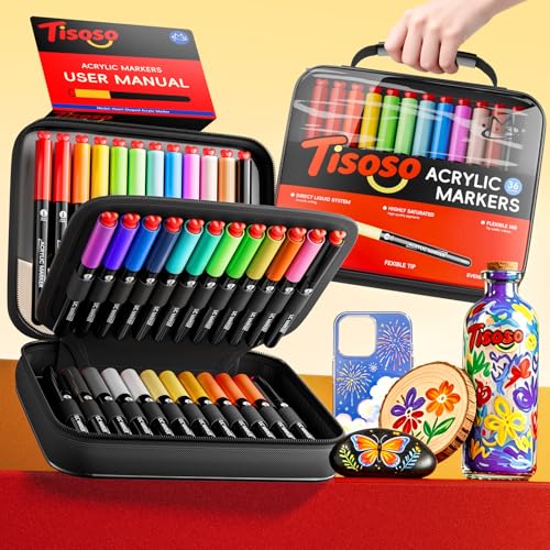 Tisoso Acrylic Paint Markers 36 Colors, Brush Tip, Direct Liquid, Water Based No Bleed, Auto Control Ink, Waterproof Paint Pens with Cloth Bag for Fabric, Wood, Rock, Ceramic, Metal DIY Crafts - color: 36 Colors