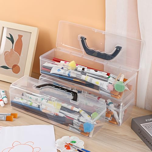 BTSKY 3 Pack Clear Plastic Painting Brush Container with Black Handle, Portable Long Paintbrush Case, Drawing Tools Storage Box, Practical Art Supply Organizer for Artist Crafters, 11.8"x3.5"x3.4"
