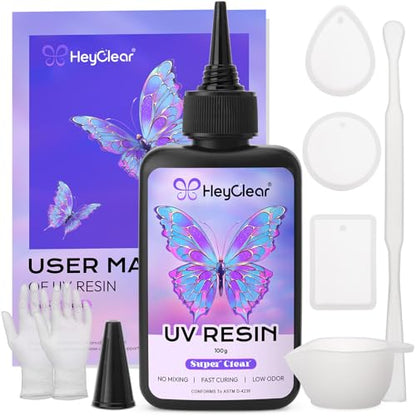 HeyClear 100g UV Resin kit -Super Clear, Hard Premixed and Fast Curing for Jewelry Making, Mold DIY Craft Decoration, Coating - size: 100g kit