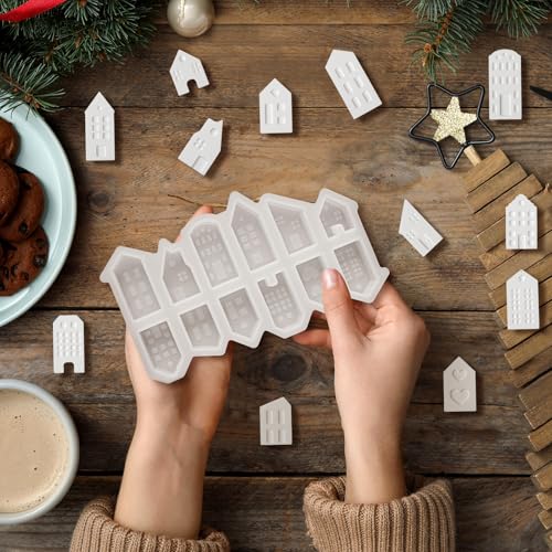 Reallnaive Mini Christmas Village House Silicone Mold Set 12 DIY Small Non Stick House Casting Crafts Soap Making Mold for Xmas Home Table Decoration Indoor(Classic)
