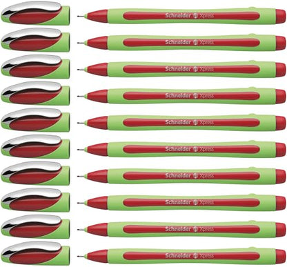 Schneider Xpress Premium Fineliner, 0.8 mm Porous Point, Light Green Barrel, Red Ink, Box of 10 Pens (190002) - color: Red