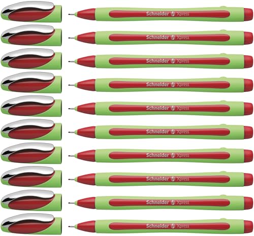 Schneider Xpress Premium Fineliner, 0.8 mm Porous Point, Light Green Barrel, Red Ink, Box of 10 Pens (190002) - color: Red