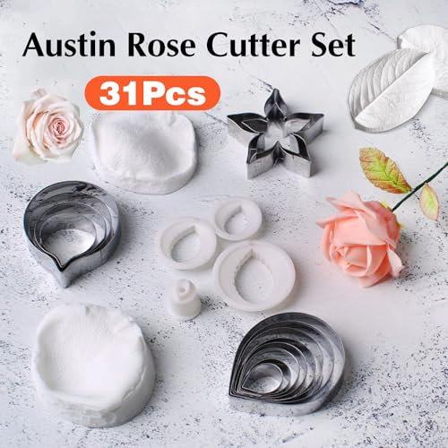 KALAIEN 31Pcs Austin Rose Cutter Set Rose Petals Silicone Fondant Mould Veining Petal Sugar Flower Making Tool - color: Austin Rose Cutter Set(31pcs)