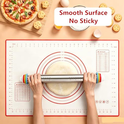 2 Pack Rolling Pin with a Silicone Baking Pastry Mat, Adjustable Rolling Pin with Thickness Rings, 17" Dough Roller for Baking Pizza, Pastry and Cookies, Kitchen Essential