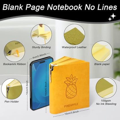 Thick Blank Journal Notebook 400 Pages With Pen Holder ，100gsm Thick Color Paper Fruit A6 Unlined Plain Sketchbook ，No Lines Notebook Soft Leather Unlined Pocket Blank Notebook For Women Drawing Book Memo Writing Sketch Diary 3.9 × 5.5 (Pineapple-Yellow)