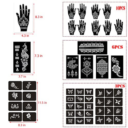 Temporary Tattoo Stencils Kit - 19 Sheets Butterfly, Flower, and Henna Stencils for Hands Body Paint, Glitter, Airbrush, and DIY