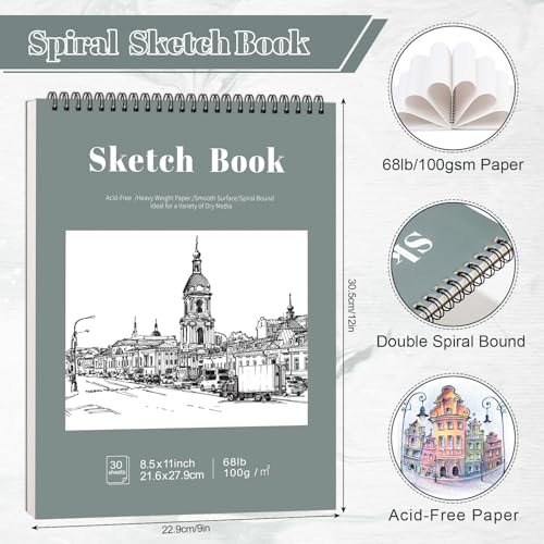 4 Pack Sketch Book, 8.5 x 11 Inch Sketchbook, 68lb/100gsm Top Spiral Bound Sketch Pad, Acid Free Art Supplies Drawing Painting Sketching Paper for Beginners, Artists (Light Cyan) - color: Light Cyan, size: 8.5 × 11Inch（4 Pack）