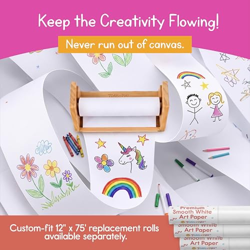Wooden Kids Paper Roll Dispenser with 12" x 75 ft Art Paper Roll – Tabletop Easel for Drawing, Painting & Crafts – Smooth Easy-Pull Holder for Creative Play – 7 Days of Play - color: Paper Roll Dispenser