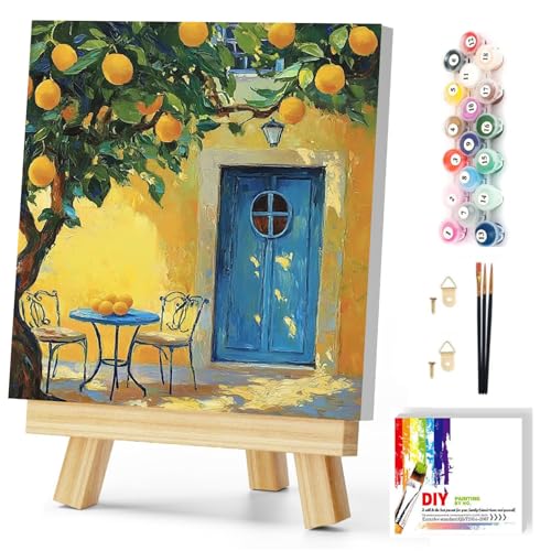 Gemozaic Lemon Tree Paint by Numbers Kit for Adults with Frame and Easel, Lemon Framed Adults' Paint by Number Kits, Oil Acrylic Painting for Home, Office, Wall Decor, 8 x 8 Inch - color: BKH2151