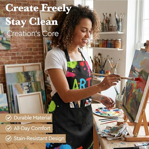 Cute Painting Artist Apron with 2 Pockets and Adjustable Strap,Splash-resistant Painting Aprons for Adults, Art Apron Bib Apron for Women,Teacher,Student Painter