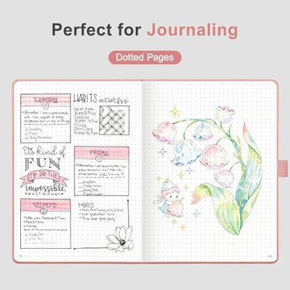 AHGXG Dotted Journal Notebook, 160 Numbered Pages, A5 Medium Size (5.7'' x 8.3''), 120 GSM Thick Paper, Leather Hardcover, for Journaling, Planning, Tracking (Pink) - color: Pink, style: Dotted