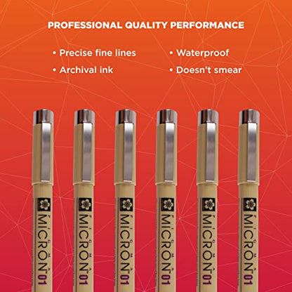 SAKURA Pigma Micron Fineliner Pens - Archival Black Ink Pens - Black Ink - 01 Point Size - 6 Pack & Pigma Micron Fineliner Pens - Archival Black Ink Pens - Black Ink - 005 Point Size - 6 Pack