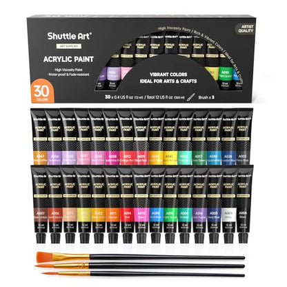 Shuttle Art Acrylic Paint Set, 30 x12ml Tubes Artist Quality Non Toxic Rich Pigments Colors Great for Kids Adults Professional Painting on Rocks Canvas Wood Clay Fabric Ceramic Crafts - color: 30 Colors
