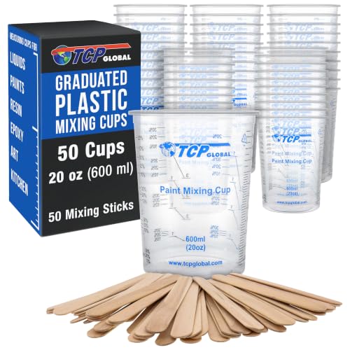 TCP Global 20 oz. (600ml) Graduated Plastic Mixing Cups - Box of 50 with 50 Mixing Sticks - Disposable Plastic Measuring Cups for Liquids, Paints, Resin, Epoxy, Art, Kitchen - Ratios 2-1, 3-1, 4-1 ML