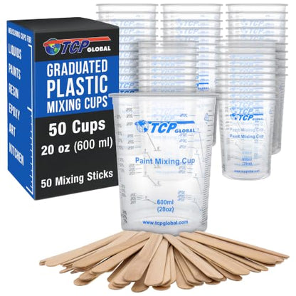 TCP Global 20 oz. (600ml) Graduated Plastic Mixing Cups - Box of 50 with 50 Mixing Sticks - Disposable Plastic Measuring Cups for Liquids, Paints, Resin, Epoxy, Art, Kitchen - Ratios 2-1, 3-1, 4-1 ML