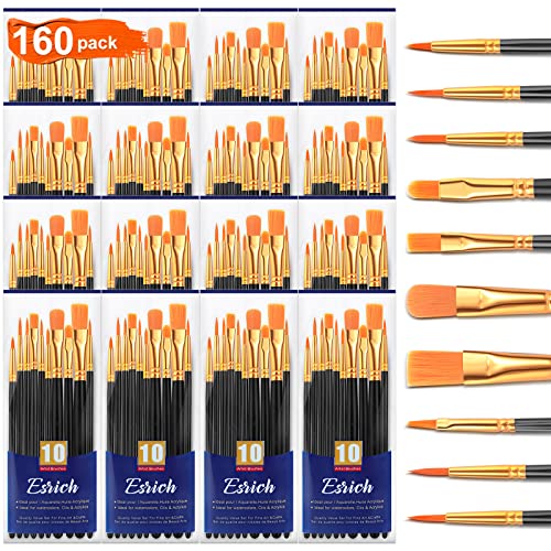 ESRICH Acrylic Paint Brushes Set, 16Packs/160Pcs, Nylon Brush Head, Suitable for Acrylic,Oil,Watercolor,Rock Body Face Nail Art,Perfect Suit of Art Painting,Best Gift for Kids Adult Drawing(Black) - color: Black, size: 160