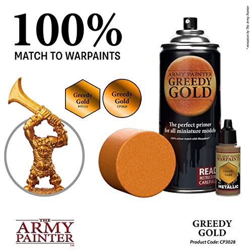 The Army Painter Colour Primer Greedy Gold, 400 mL Acrylic Spray Primer, Spray Paint for Miniature Priming Basecoat, Tabletop Roleplaying, Boardgames, and Wargames Miniature Modelling - color: Greedy Gold