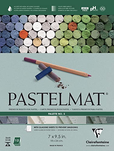 Clairefontaine Pastelmat Glued Pad - Palette No. 5 - (7 x 9 1/2 Inches) 18 x 24 cm - 360g - 12 Sheets - Dark Green, Light Green, White, Dark Blue - color: Blue,Green,White, size: 18 x 24 CM