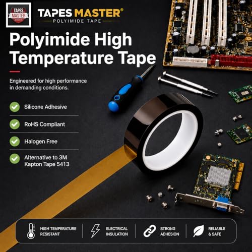 Tapes Master 1" x 36 Yds 1 Mil Kapton Tape - Polyimide High Temperature Heat Rresistant Tape with Silicone Adhesive - No Residue - color: 1" x 36 Yds, size: 1 Mil