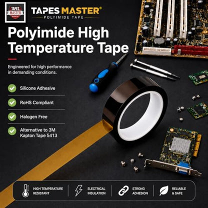 Tapes Master 1" x 36 Yds 1 Mil Kapton Tape - Polyimide High Temperature Heat Rresistant Tape with Silicone Adhesive - No Residue - color: 1" x 36 Yds, size: 1 Mil