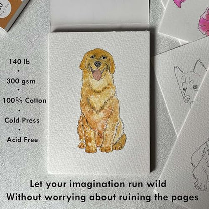 tumuarta Watercolor Coloring Book, 20 Unique Designs, 5x7”, 100% Cotton, 300GSM, 140 LB, Cold Press, Acid Free Watercolor Paper, Glue Bound Mixed Media Sketch Book (Dogs & Cats)