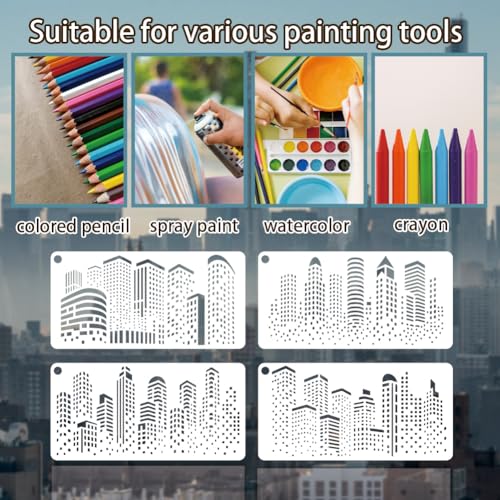 12 Sheets City Silhouette Stencils for Painting, 12 Styles Skyscraper Drawing Template Reusable City Buildings Templates for Painting on Canvas Wood Wall Home Decor - style: City Silhouette