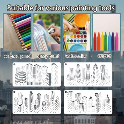 12 Sheets City Silhouette Stencils for Painting, 12 Styles Skyscraper Drawing Template Reusable City Buildings Templates for Painting on Canvas Wood Wall Home Decor - style: City Silhouette