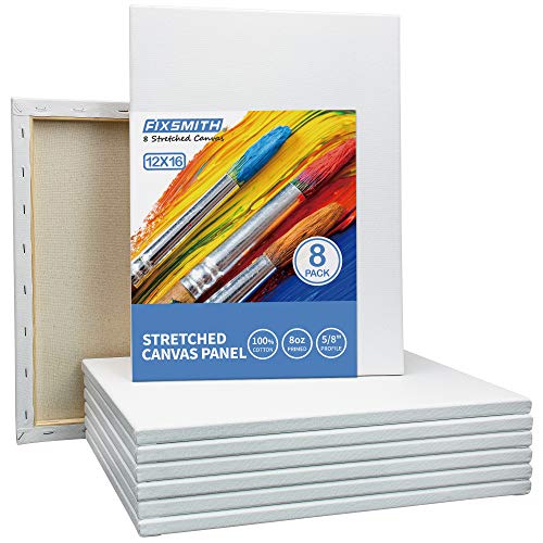 FIXSMITH Stretched White Blank Canvas - 12 x 16 Inch, Bulk Pack of 8, Primed, 100% Cotton, 5/8 Inch Profile of Super Value Pack for Acrylics,Oils & Other Painting Media. - size: 12"x16"
