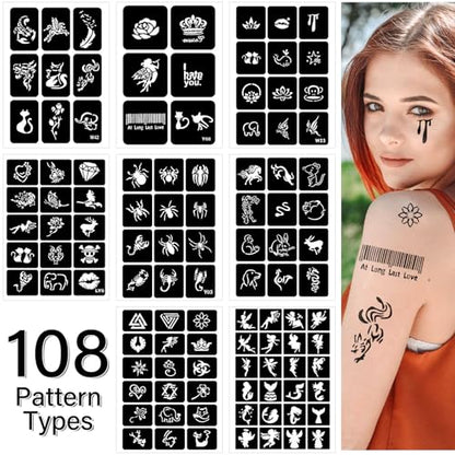 8 Temporary Tattoo Stencils, 108 PCS Henna Stencils Reusable Tattoo Stencils for Face Body Art Painting for Women Men Adults - color: 8sheets, 108pcs