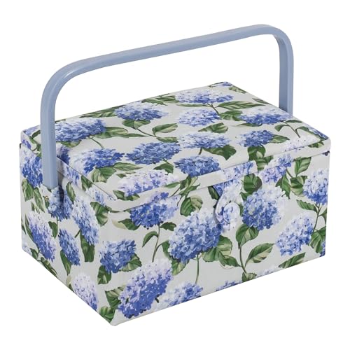 Hobby Gift Medium Sewing Box Organiser, Fabric Covered Storage Box with Handle, Internal Tray, Pin Cushion and Pocket for Sewing, Quilting and Knitting Supplies - color: Hydrangea