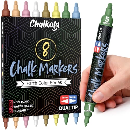 Chalkola Dual Tip Liquid Chalk Markers for Blackboard (8 Earthy Colors, 1mm+5mm Fine, Bold) - Pastel Dry Erase Marker Pens for Chalkboards Signs, Car Windows, Glass - Erasable Chalkboard Markers - size: Dual Tip - 1mm+5mm
