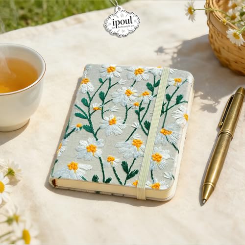 Pocket Journal, Small Notebook, A6 Sketchbook, 4x6, Unlined, Flower Embroidered Notebook, Blank, Hardcover, Lay Flat, Elastic Band, Beautiful Journal, Daisy Gifts for Women, White Daisy - color: A6-Band-White, style: Minimalist