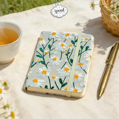 Pocket Journal, Small Notebook, A6 Sketchbook, 4x6, Unlined, Flower Embroidered Notebook, Blank, Hardcover, Lay Flat, Elastic Band, Beautiful Journal, Daisy Gifts for Women, White Daisy - color: A6-Band-White, style: Minimalist