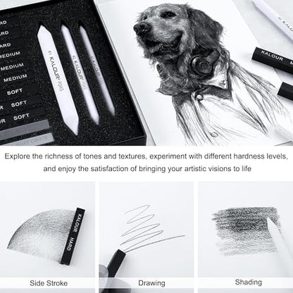 KALOUR 15 Pro Compressed Charcoal Drawing Set with Blending Stumps- Soft,Medium,Hard and White Charcoal - Charcoal Sticks for Drawing Sketching Shading - Art Supplies for Artists Beginners Adults