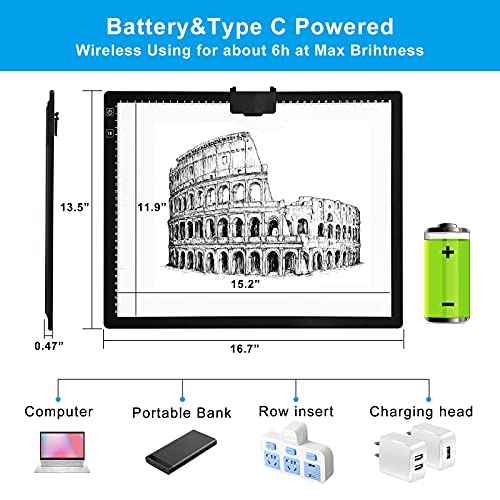 A3 LED Light Pad with Carry Bag, TOHETO Wireless Rechargeable Light Board with Stand and Top Magnetic Clip 3 Colors Stepless Dimmable 6 Levels Brightness Light Box for Diamond Painting Weeding Vinyl - style: A3 with Bag (Black)