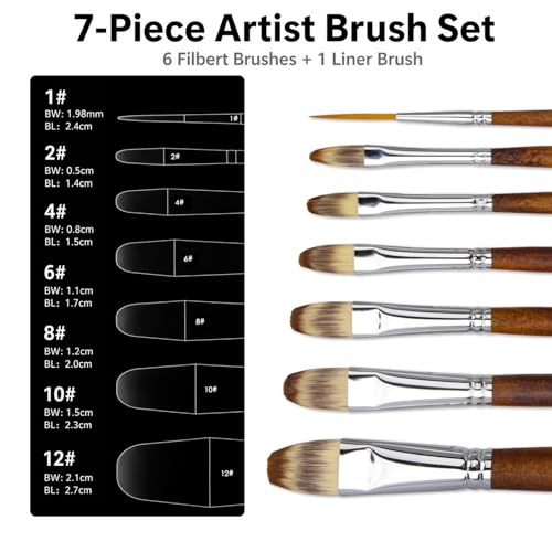Marie's 7 Pcs Artist Paint Brush Set, Synthetic Nylon Brushes with Filbert and Liner Tips, Wood Handle Painting Brushes for Acrylic, Gouache, Oil, Practice and Professional Artwork