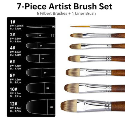 Marie's 7 Pcs Artist Paint Brush Set, Synthetic Nylon Brushes with Filbert and Liner Tips, Wood Handle Painting Brushes for Acrylic, Gouache, Oil, Practice and Professional Artwork