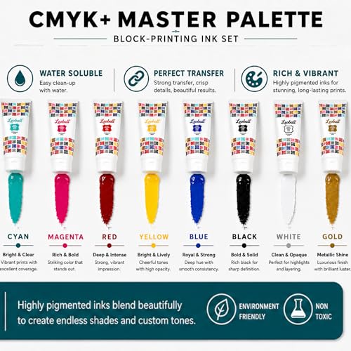 Leoball® Water-Soluble Block Printing Ink CMYK+ Master Set of 8 Must-Have Colors with Lustrous Finish, 1.25-Ounce Tubes