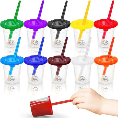 Paint Cups with Lids for Kids – 10 Paint Containers with Lids, 10 Toddler Paints Brushes – Toddler Art Supplies No Spill Painting Cups - size: 10 Pack