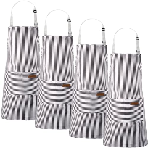 Handepo 4 Pcs Kitchen Aprons with Pockets Adjustable Waterproof Cotton Aprons Striped Apron for Women Men Chef Gift for Dad - color: Gray