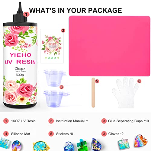 YIEHO 500g UV Resin Kit-Bulk Crystal Clear Hard UV Fast Curing Epoxy Resin Supplies with Mat for Craft Jewelry Making - size: 500g