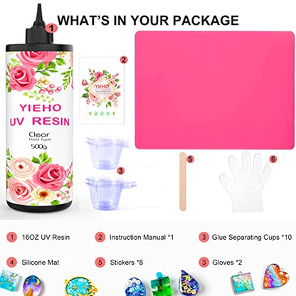 YIEHO 500g UV Resin Kit-Bulk Crystal Clear Hard UV Fast Curing Epoxy Resin Supplies with Mat for Craft Jewelry Making - size: 500g