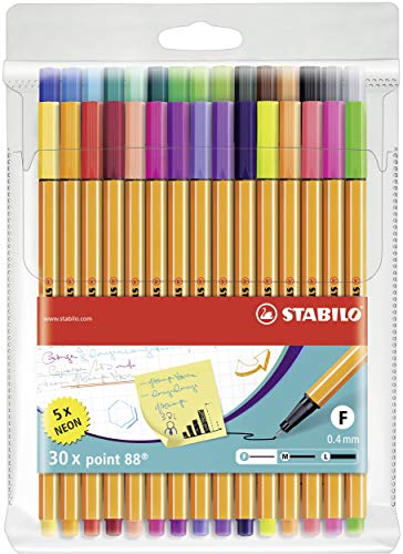 STABILO - point 88 - Fineliner - Pack of 30 - Assorted colors including 5 Neon colors - size: 30 Count (Pack of 1)