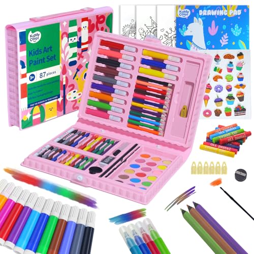 KIDDYCOLOR Kids Art Set, Drawing Art Supplies for Girls & Boys Ages 4-8 with Watercolor Cakes, Oil Pastels, Colored Pencils, Ideal Gift for Young Artist, Pink-87pcs - color: Pink-87pcs, style: 87pcs